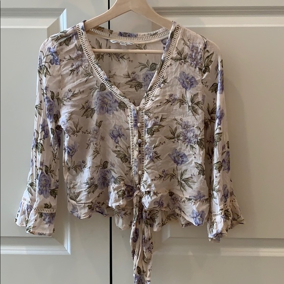 American Eagle Cream Button Up Front Tie Blouse - Picture 1 of 5